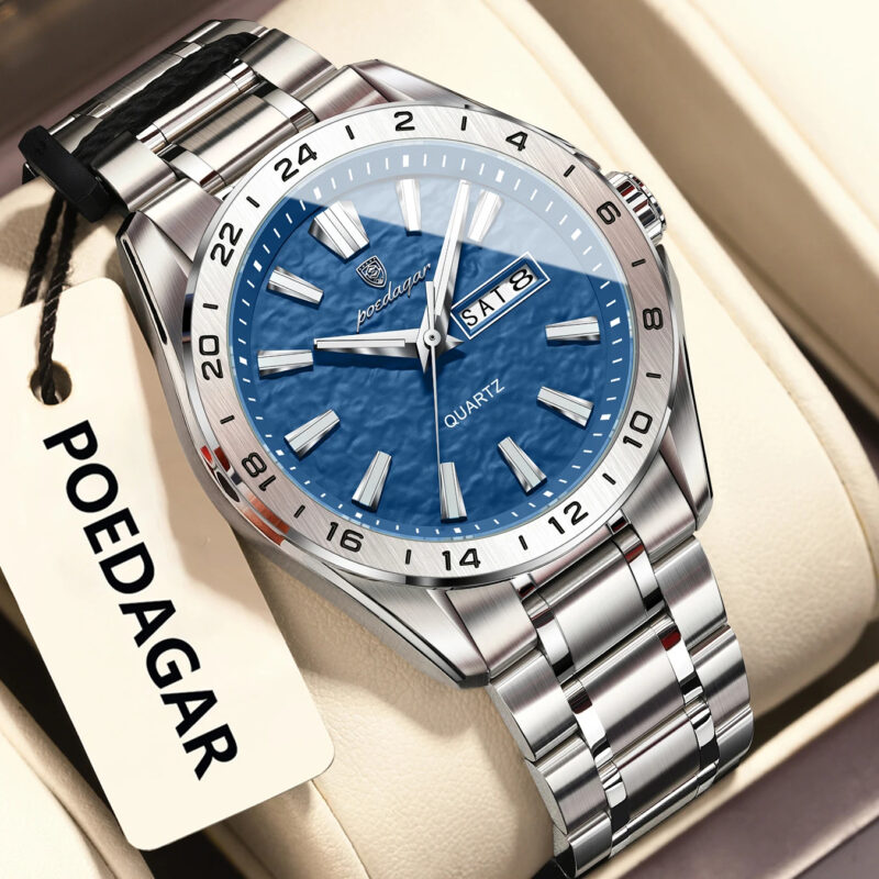 Poedagar 683 Dual Calendar Waterproof Luminous Watch for Men Business Round Dial Stainless Steel Strap Men's Quartz Watch