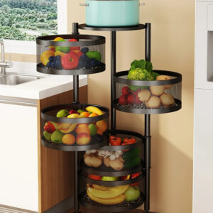 2025 New Trend 5-Layer Metal Breathable Kitchen Shelving No-Installation Rotating Fruit and Vegetable Storage