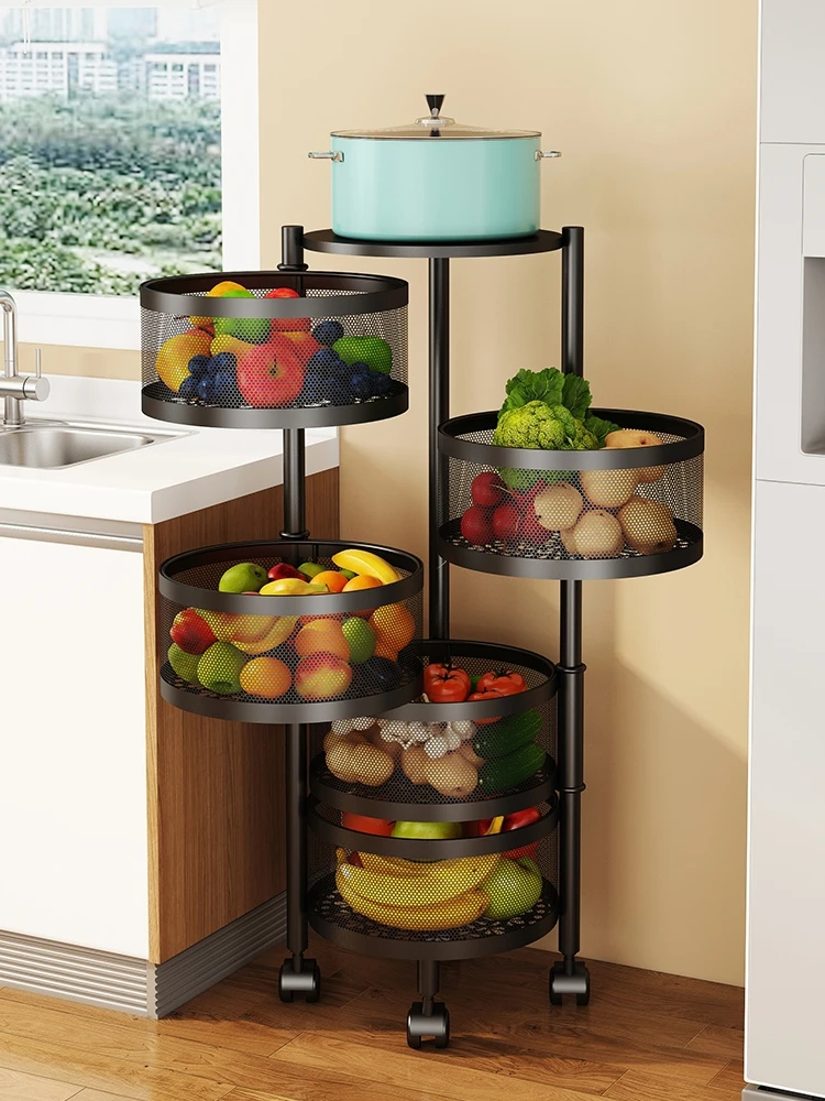 2025 New Trend 5-Layer Metal Breathable Kitchen Shelving No-Installation Rotating Fruit and Vegetable Storage