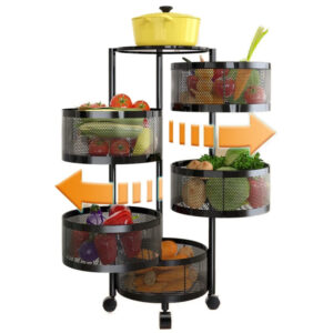 2025 New Trend 5-Layer Metal Breathable Kitchen Shelving No-Installation Rotating Fruit and Vegetable Storage