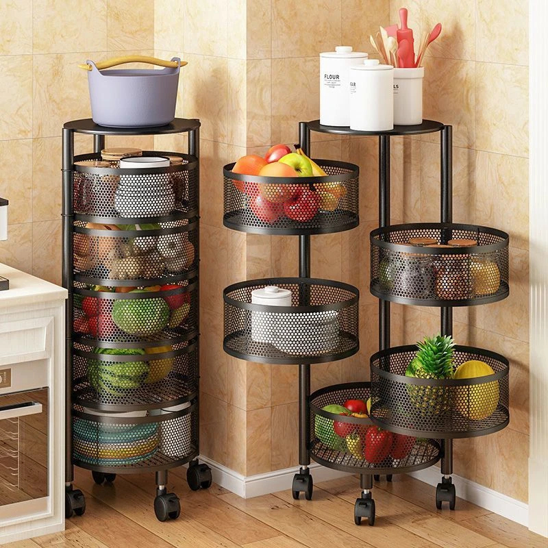 2025 New Trend 5-Layer Metal Breathable Kitchen Shelving No-Installation Rotating Fruit and Vegetable Storage
