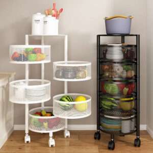 2025 New Trend 5-Layer Metal Breathable Kitchen Shelving No-Installation Rotating Fruit and Vegetable Storage