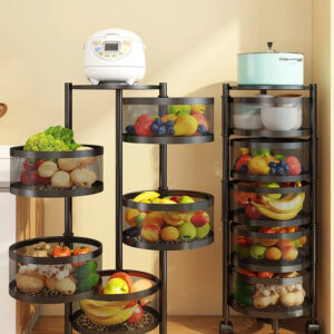 2025 New Trend 5-Layer Metal Breathable Kitchen Shelving No-Installation Rotating Fruit and Vegetable Storage