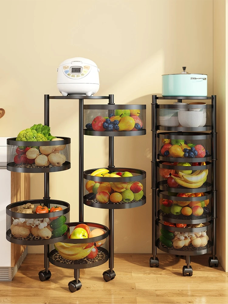 2025 New Trend 5-Layer Metal Breathable Kitchen Shelving No-Installation Rotating Fruit and Vegetable Storage